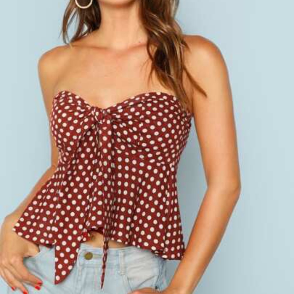 SHEIN Knot Front Polka Dot Bandeau Peplum Top